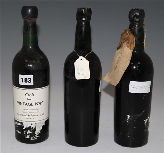 One bottle Croft Vintage Port 1963 and two Offley Port, 1963.